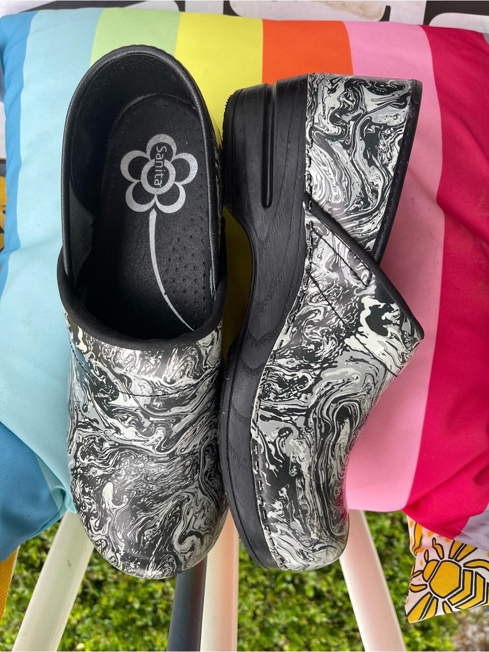 Sanita Black and White Marble-Print Clogs